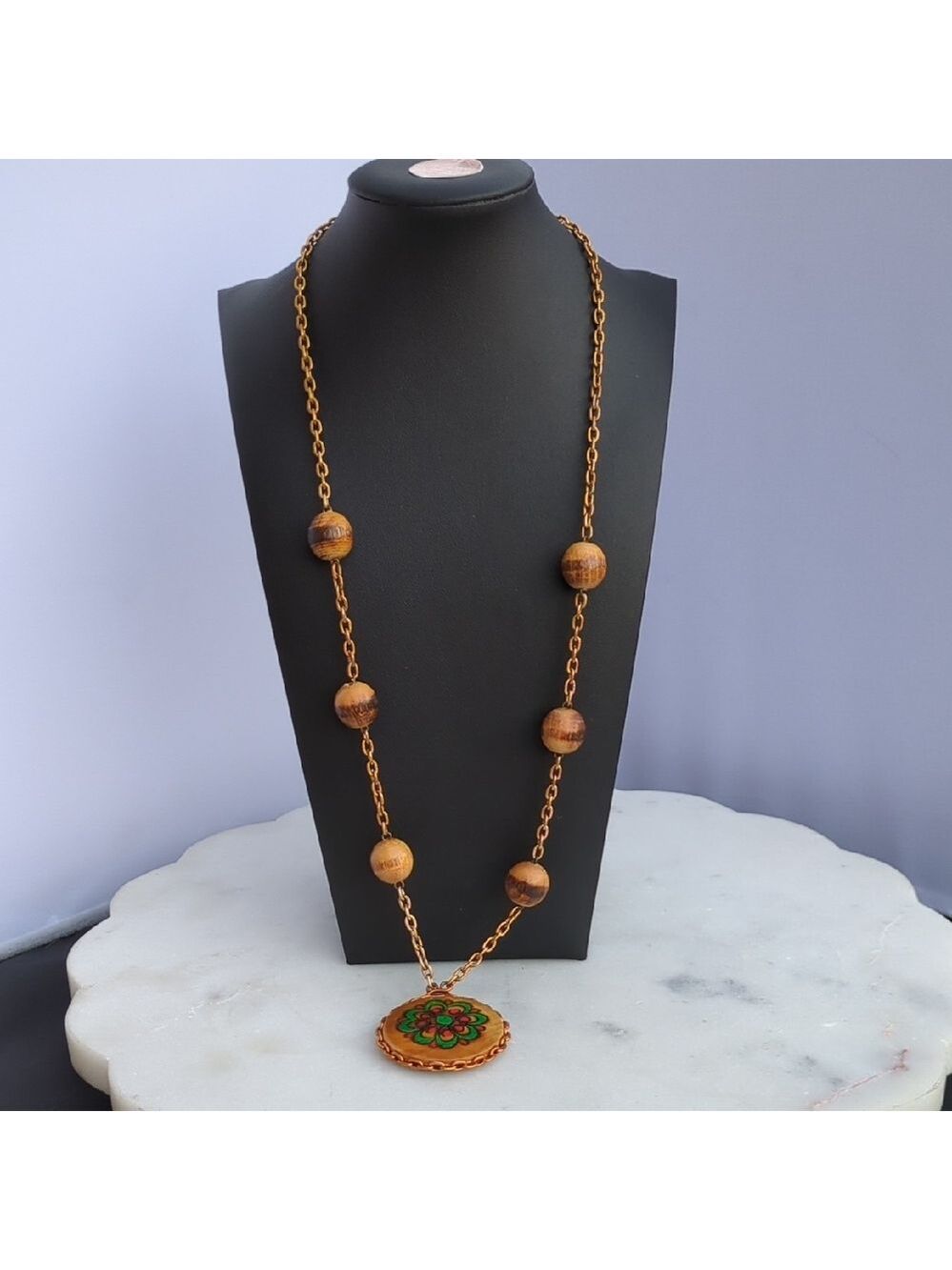 Wood Bead Chain Necklace Vintage Painted Flower Pendant